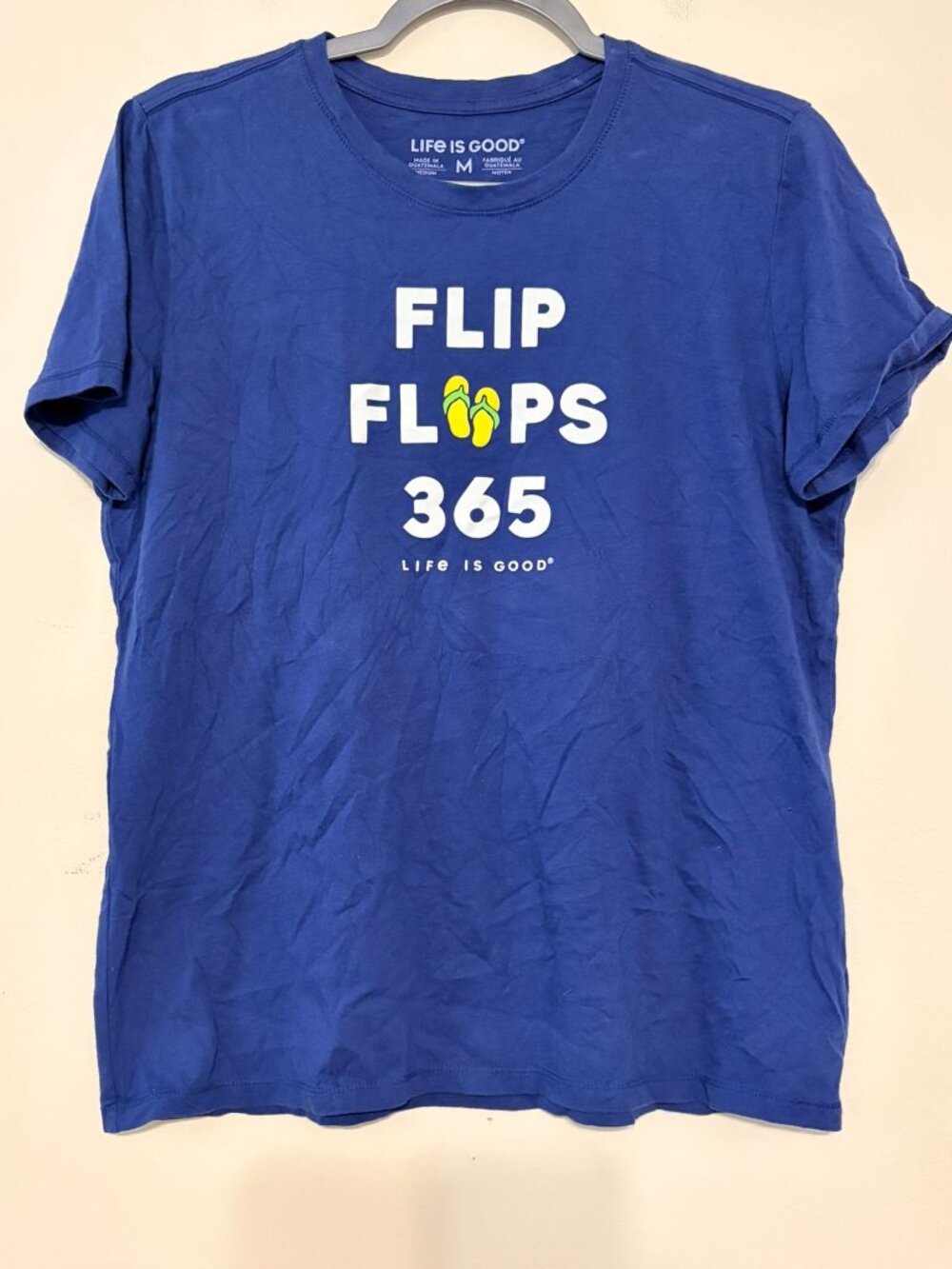 Women's Life Is Good Flip Flops 365 Navy Blue Summer Graphic Tee Size Medium